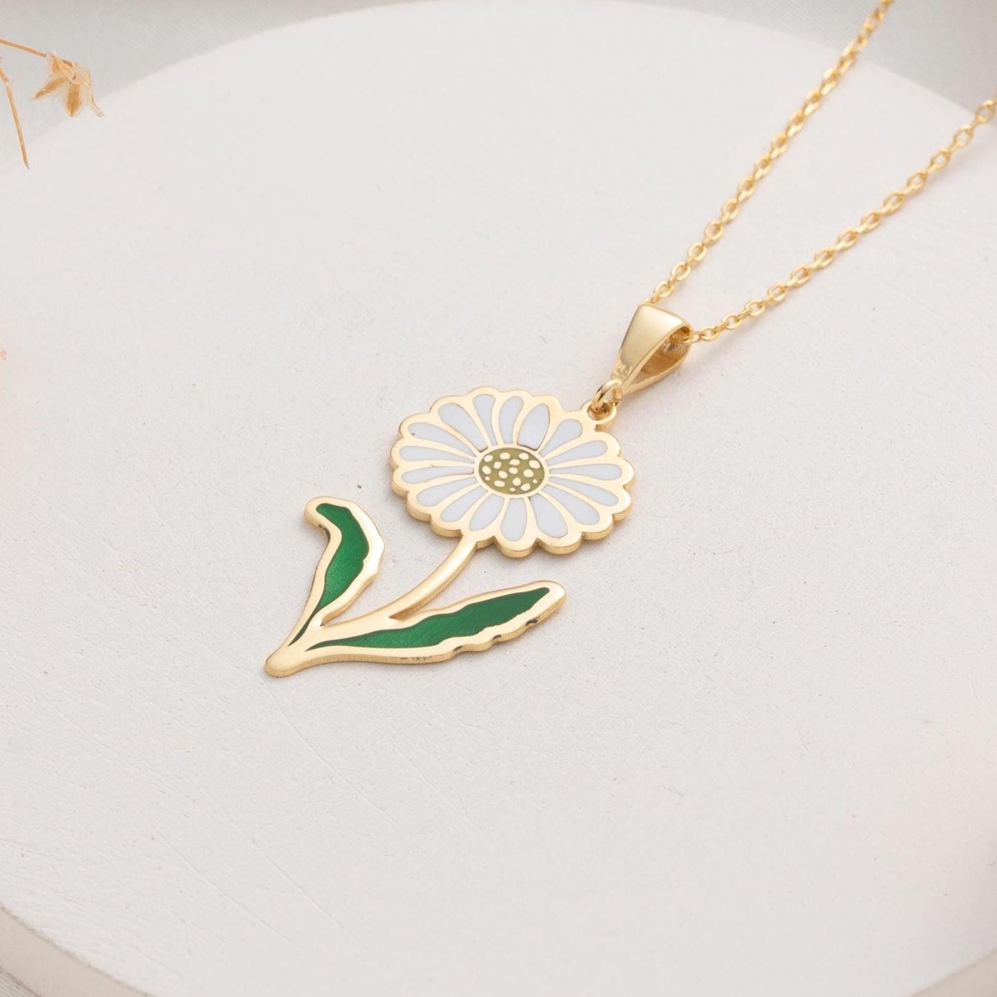 Daisy Necklace - Enamel Flower Pendant, Gold Plated Silver Charm, Floral Jewelry Gift