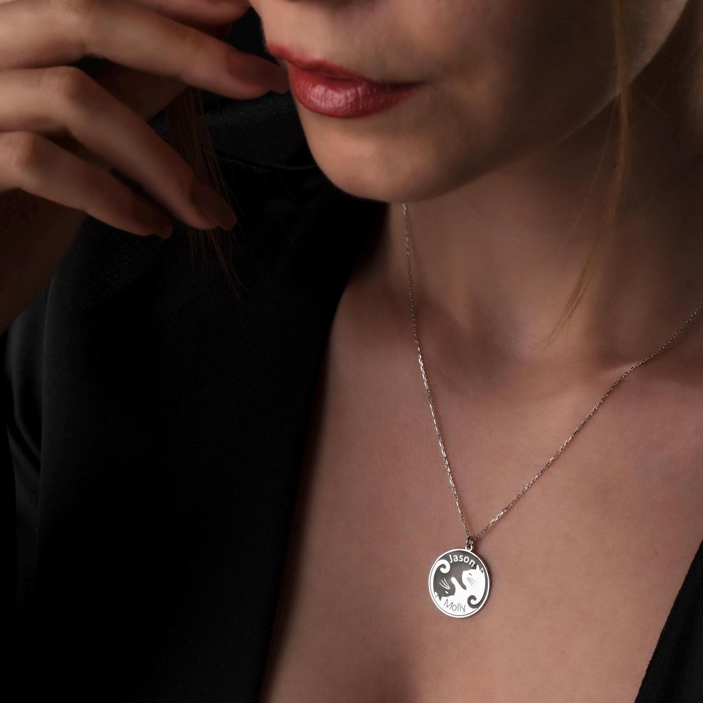 Whimsical Yin-Yang Cat Necklace - Custom Couple Name Pendant in 925 Silver, Engraved Gift for Cat Lovers