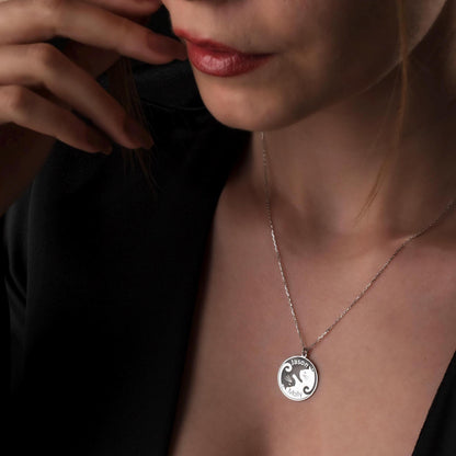 Whimsical Yin-Yang Cat Necklace - Custom Couple Name Pendant in 925 Silver, Engraved Gift for Cat Lovers