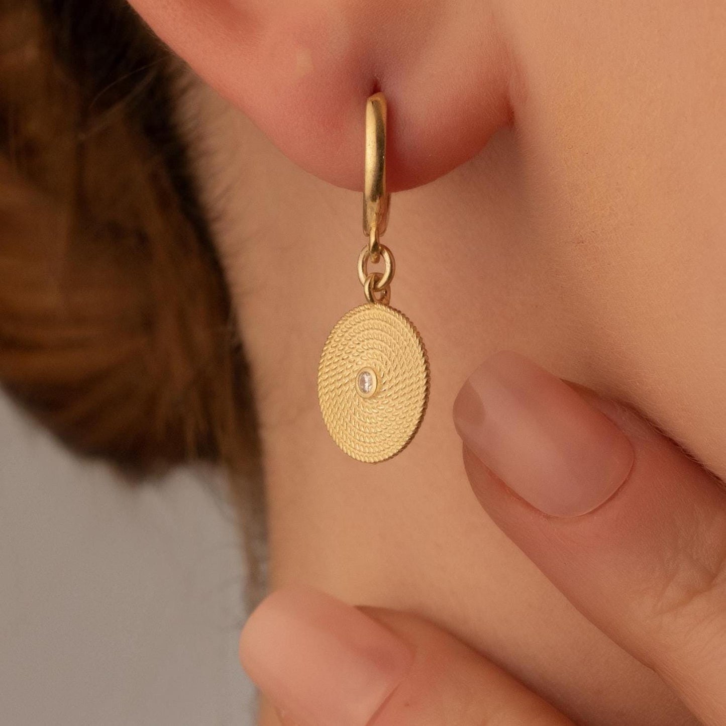 Textured Disc Earrings – Vintage Style Drop Hoop – Elegant Gift for Her