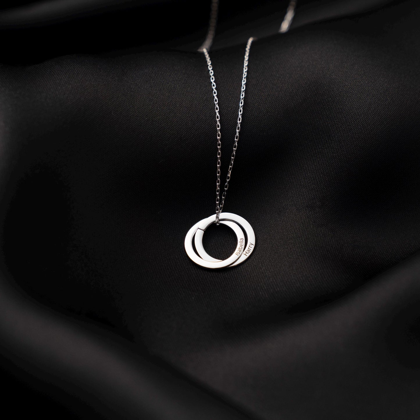 Customized Double Circle Necklace - Engraved Sterling Silver Pendant, Interlocking Rings - Unique Gift Idea