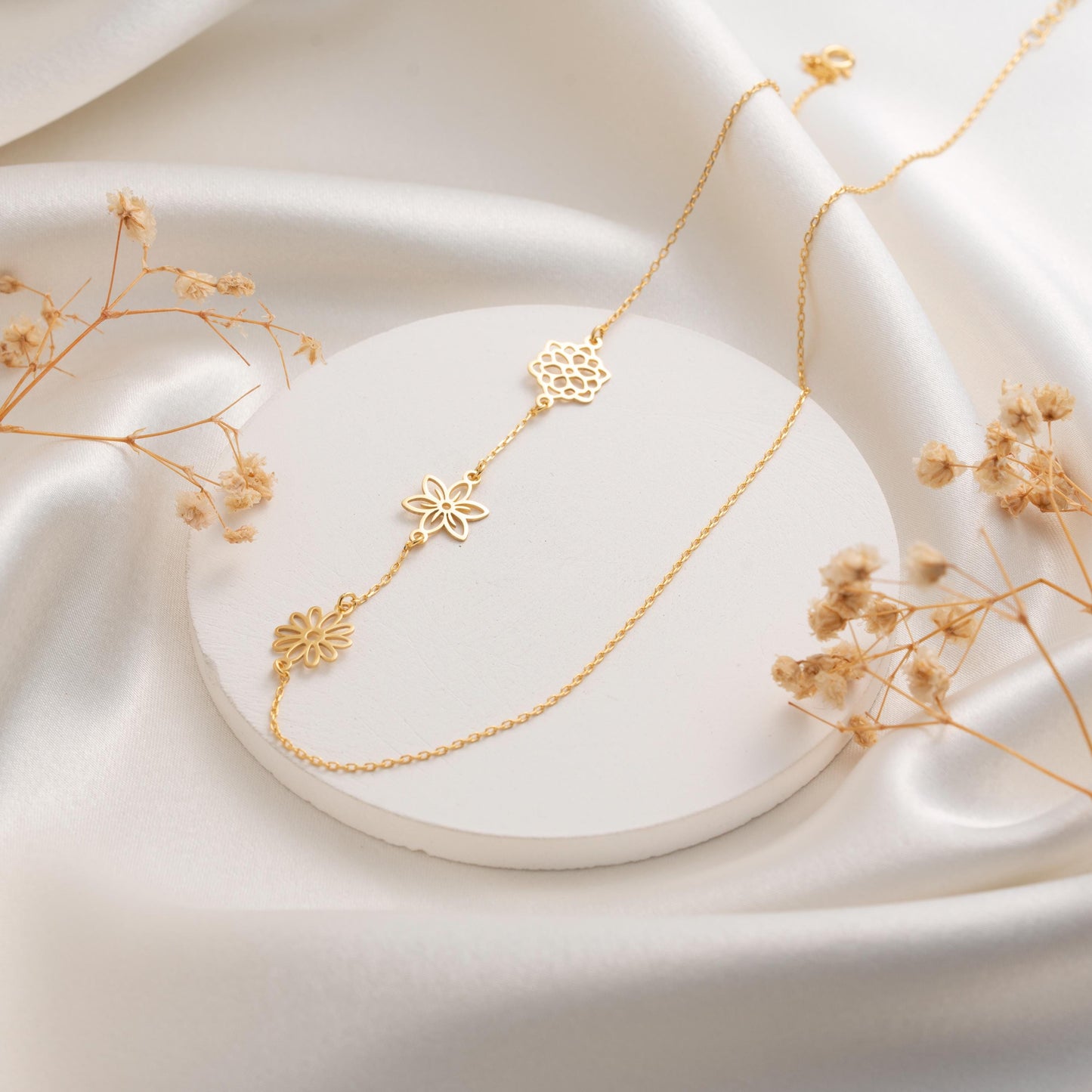 Three Flower Charm Necklace – Dainty Gold Floral Jewelry Gift for Her