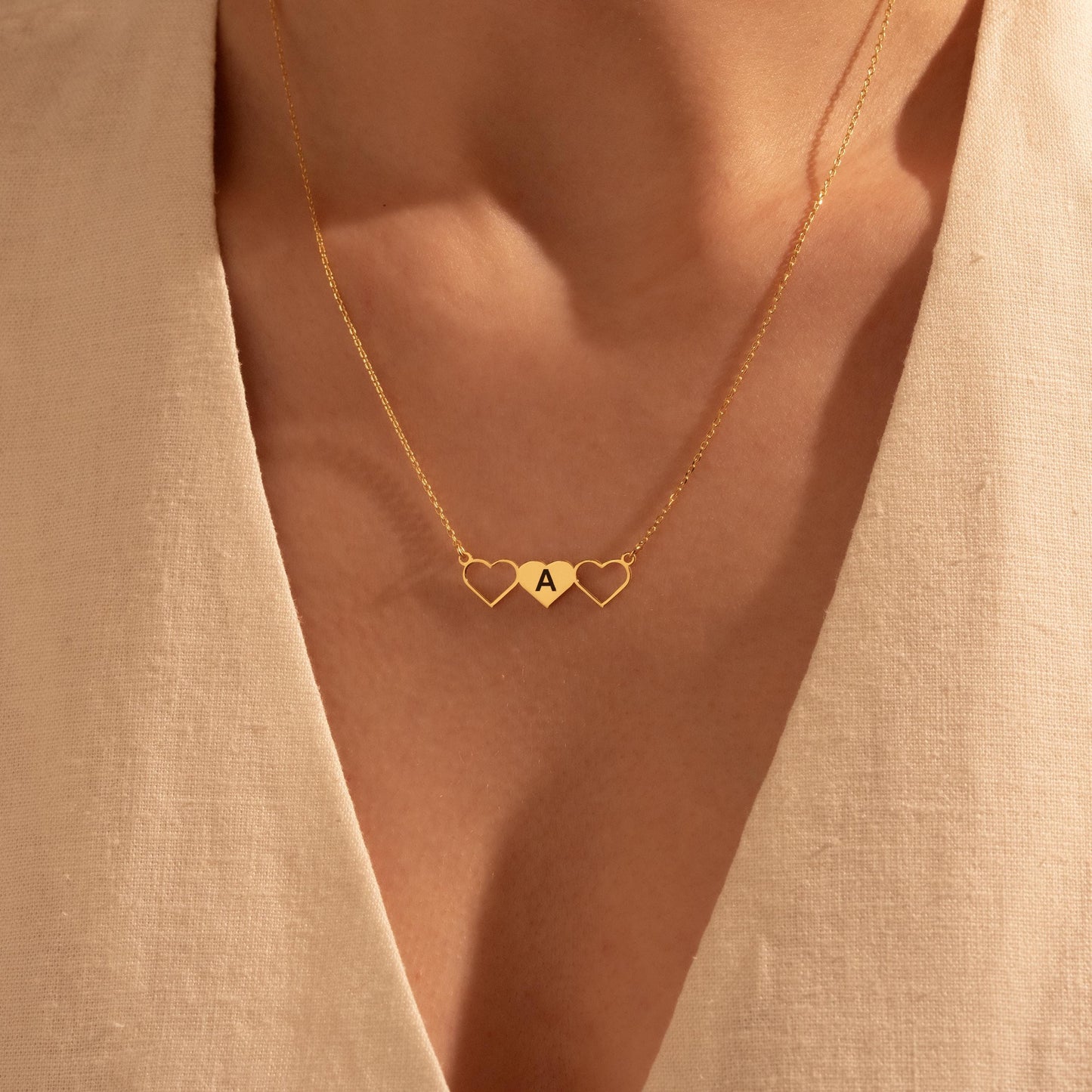 Personalized Heart Initial Necklace – Custom Triple Heart Pendant Gift for Her