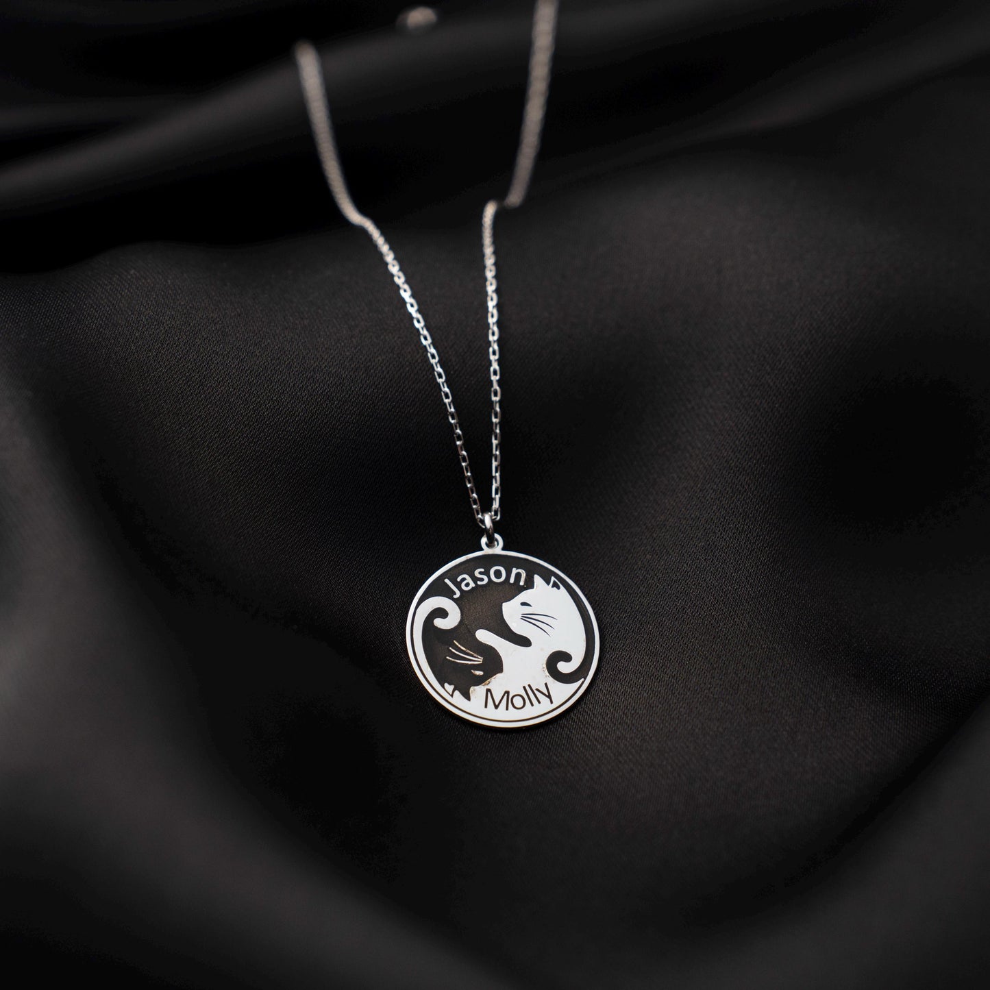 Whimsical Yin-Yang Cat Necklace - Custom Couple Name Pendant in 925 Silver, Engraved Gift for Cat Lovers