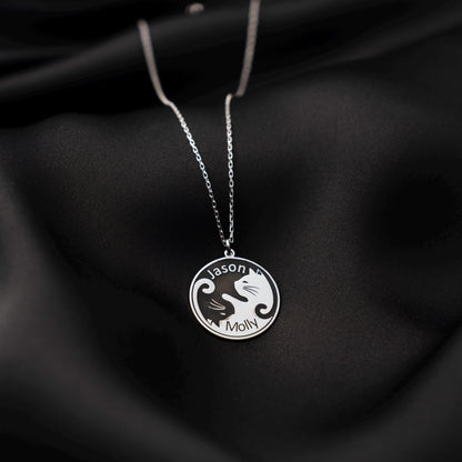 Whimsical Yin-Yang Cat Necklace - Custom Couple Name Pendant in 925 Silver, Engraved Gift for Cat Lovers