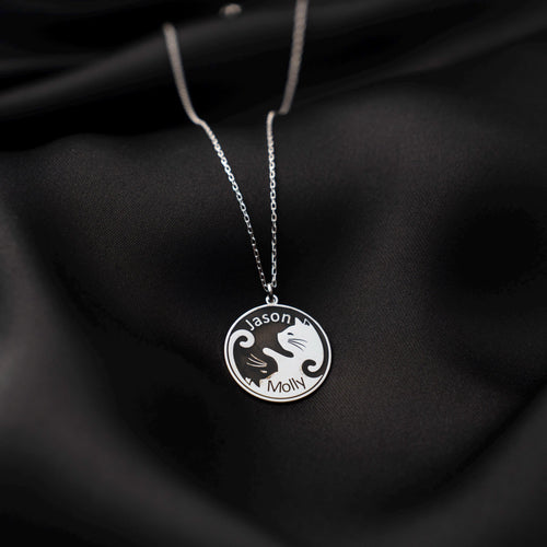 Whimsical Yin-Yang Cat Necklace - Custom Couple Name Pendant in 925 Silver, Engraved Gift for Cat Lovers