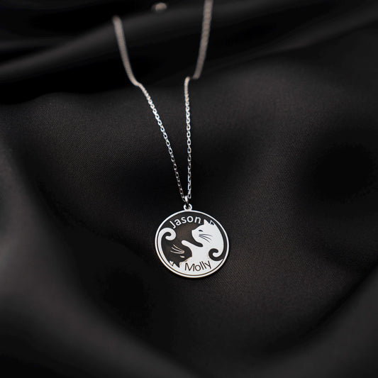 Whimsical Yin-Yang Cat Necklace - Custom Couple Name Pendant in 925 Silver, Engraved Gift for Cat Lovers