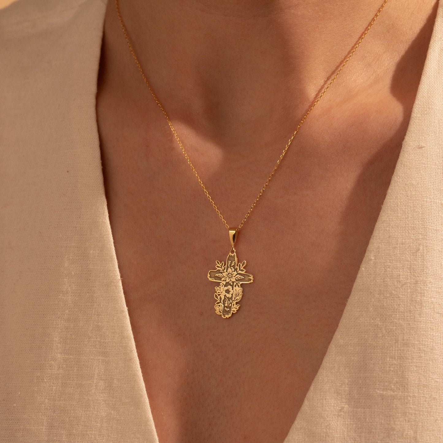 Elegant Gold Floral Cross Necklace - Perfect Christian Gift for Her