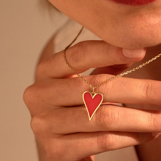 Red Heart Pendant Necklace – Custom Love Necklace Gift for Her, 18K Gold Plated