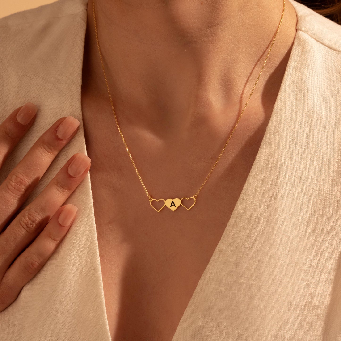 Personalized Heart Initial Necklace – Custom Triple Heart Pendant Gift for Her