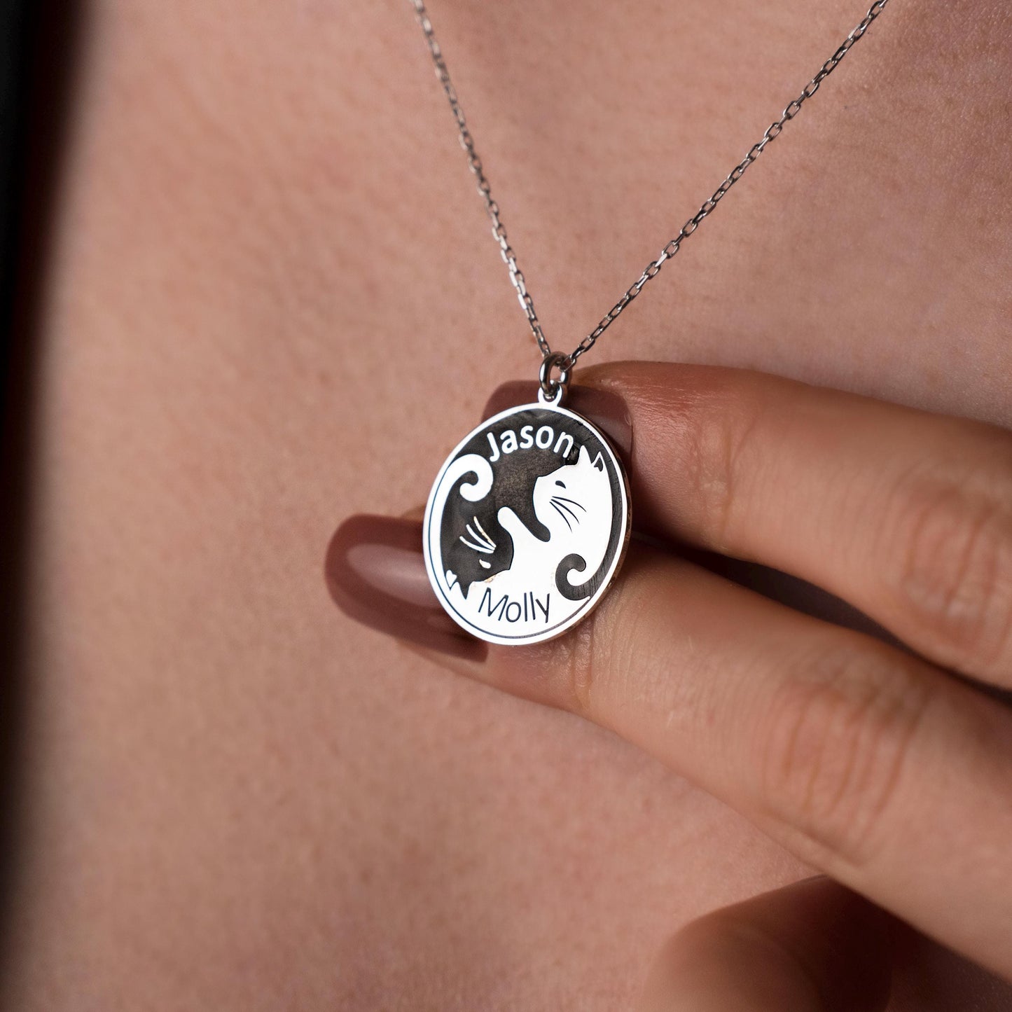 Whimsical Yin-Yang Cat Necklace - Custom Couple Name Pendant in 925 Silver, Engraved Gift for Cat Lovers