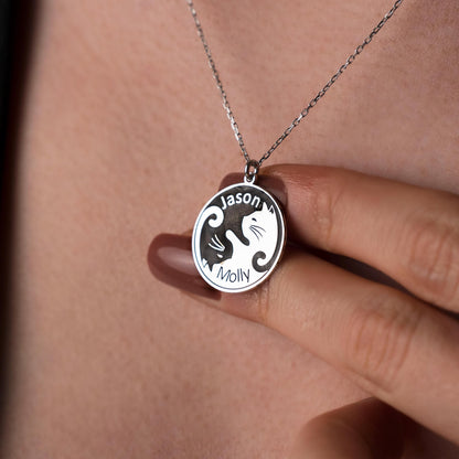 Whimsical Yin-Yang Cat Necklace - Custom Couple Name Pendant in 925 Silver, Engraved Gift for Cat Lovers