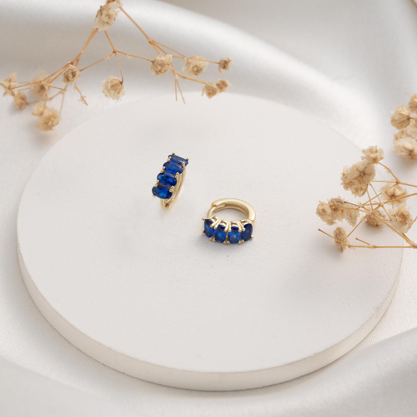 Sparkling Blue Gemstone Huggie Earrings in Gilded Hoops - Perfectly Pretty Gift Idea