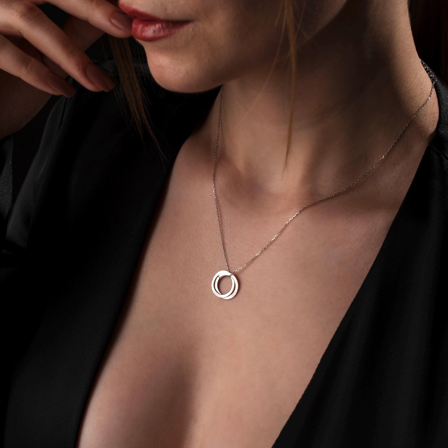 Customized Double Circle Necklace - Engraved Sterling Silver Pendant, Interlocking Rings - Unique Gift Idea
