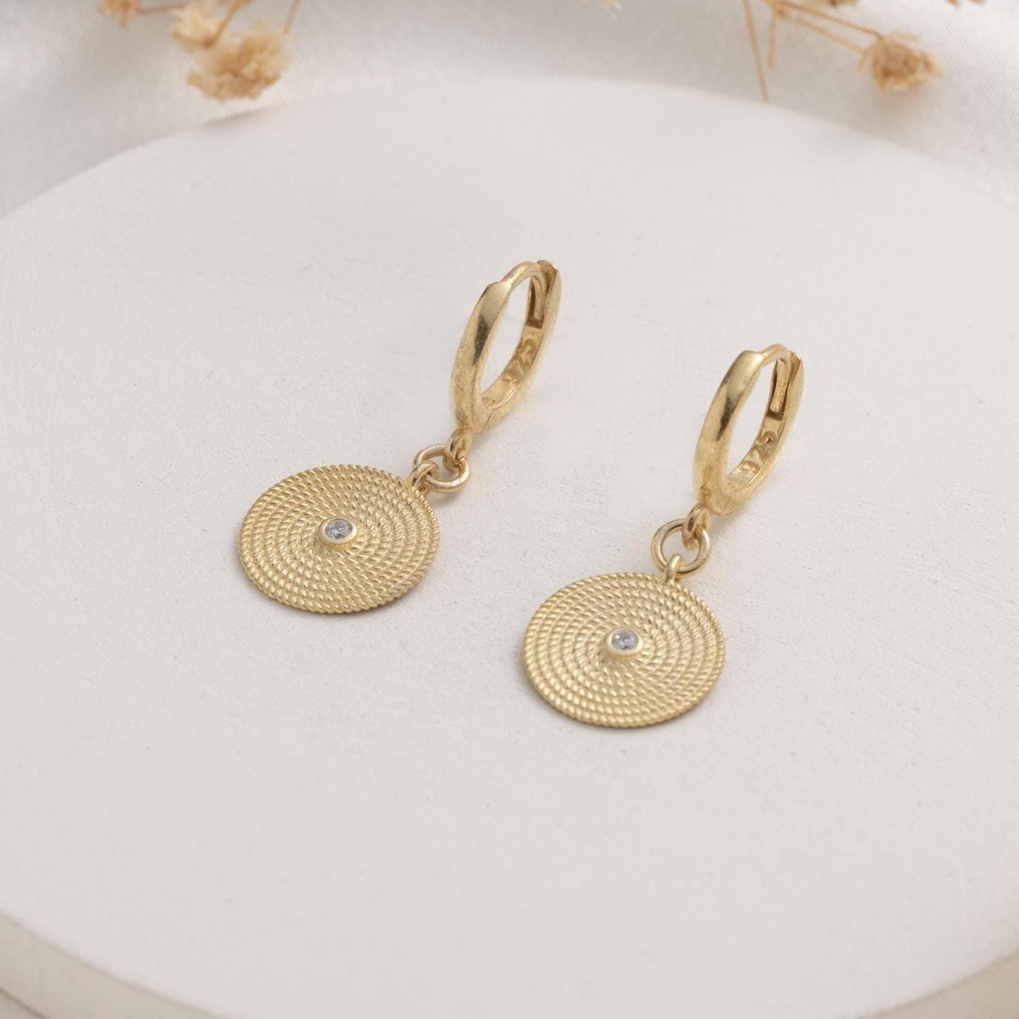 Textured Disc Earrings – Vintage Style Drop Hoop – Elegant Gift for Her