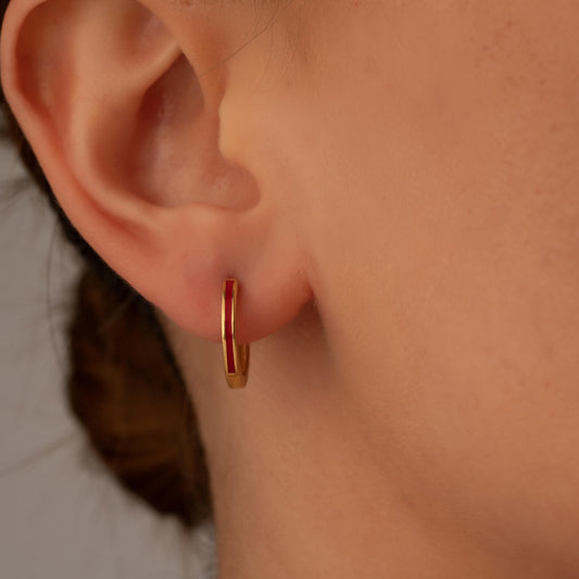 Minimalist Gold Hoop Earrings – Red Stripe Detail – Everyday Unisex Gift