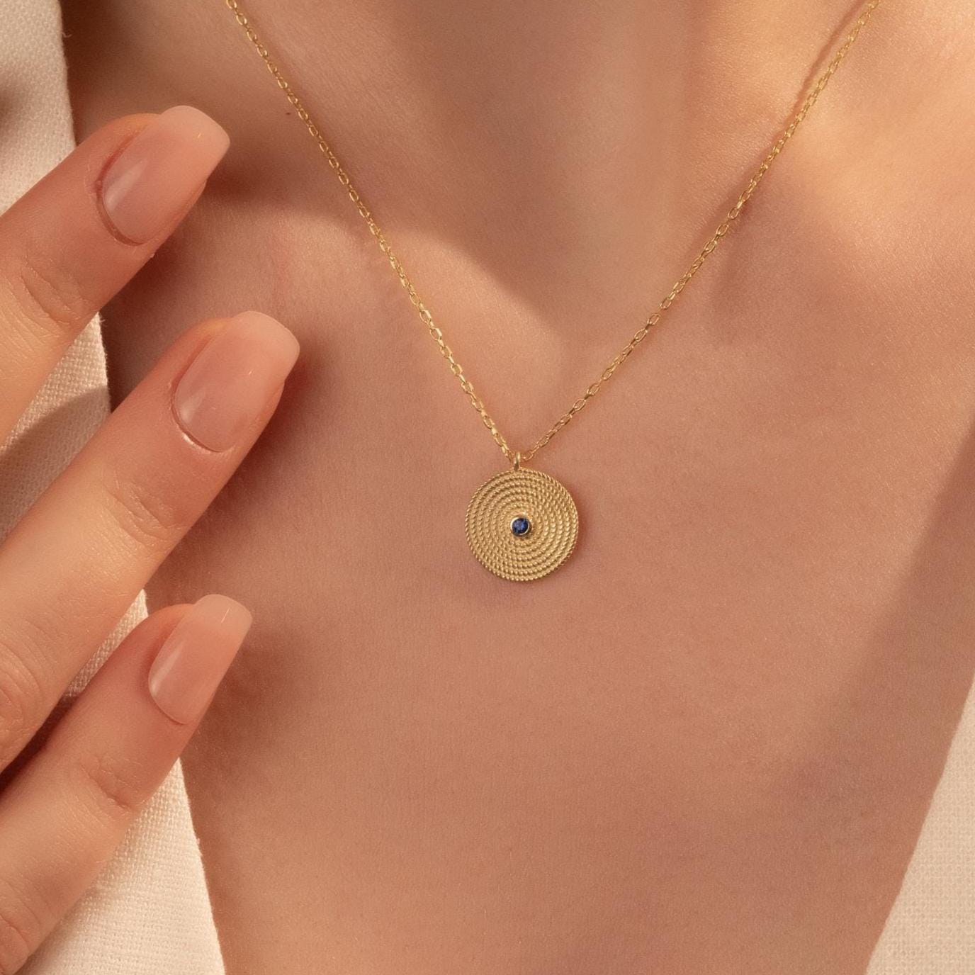 Textured Evil Eye Necklace – Minimal Round Pendant Jewelry, Gift for Her
