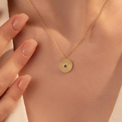 Textured Evil Eye Necklace – Minimal Round Pendant Jewelry, Gift for Her
