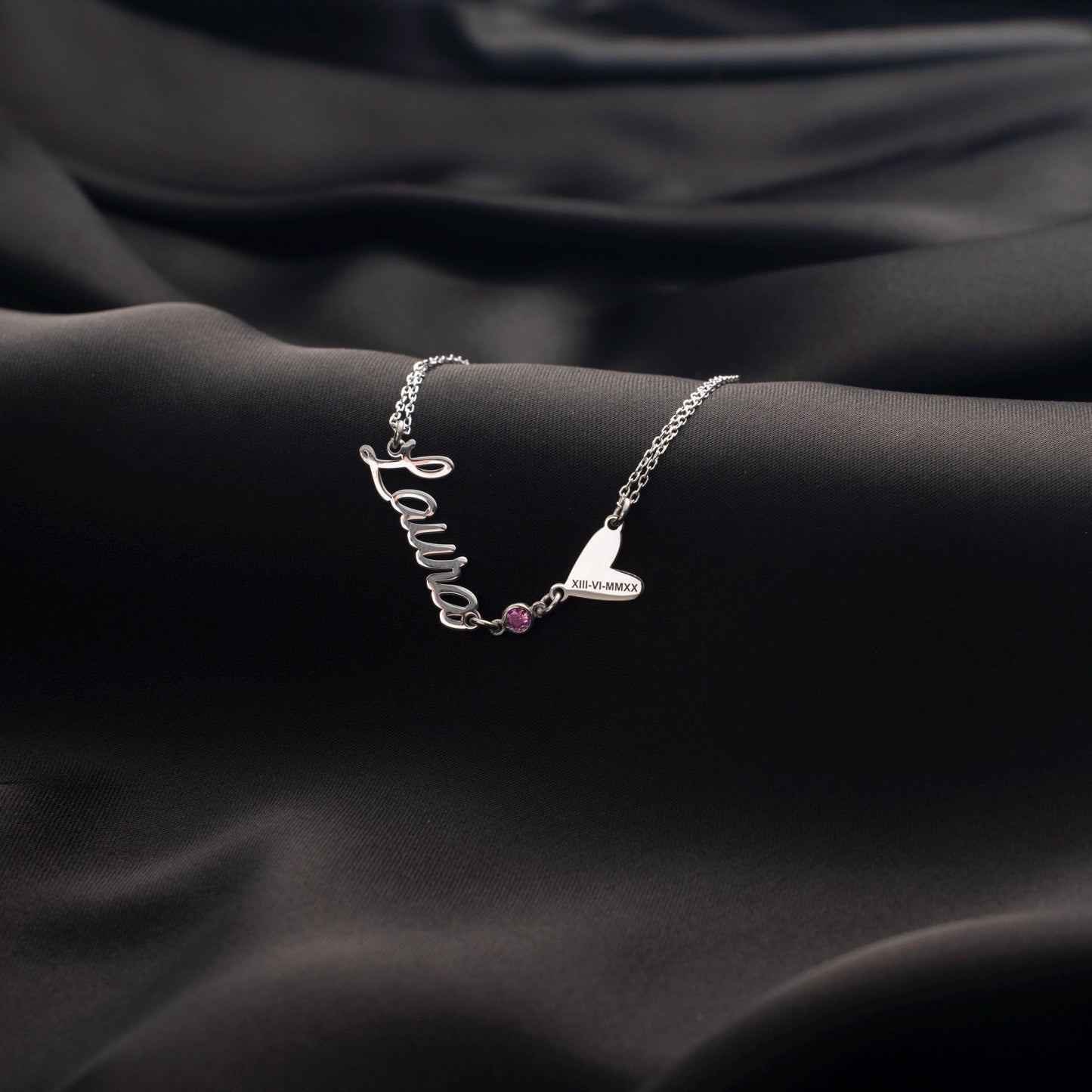 Cherished Keepsake: Personalized Name Bracelet with Birthstone and Engraved Heart Detail