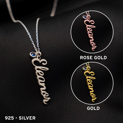 Personalized Vertical Name Necklace with Birthstone - Elegant Silver Custom Pendant