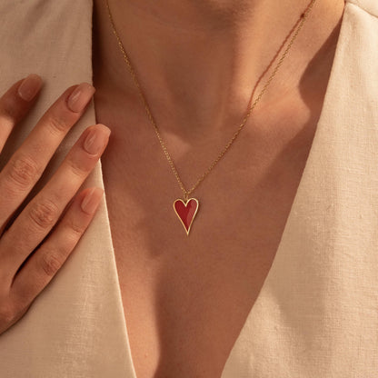 Red Heart Pendant Necklace – Custom Love Necklace Gift for Her, 18K Gold Plated