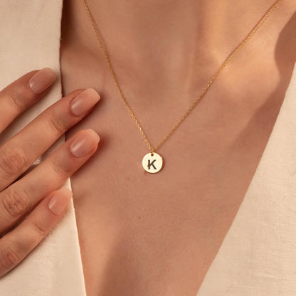 Dainty Custom Letter Necklace - Stylish Gold Initial Disc on Silver Chain