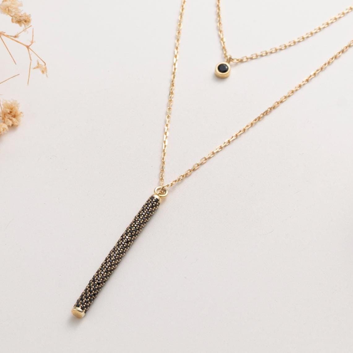 Elegant Black Crystal Layered Necklace - 18K Gold Plated Dainty Jewelry Gift for Her