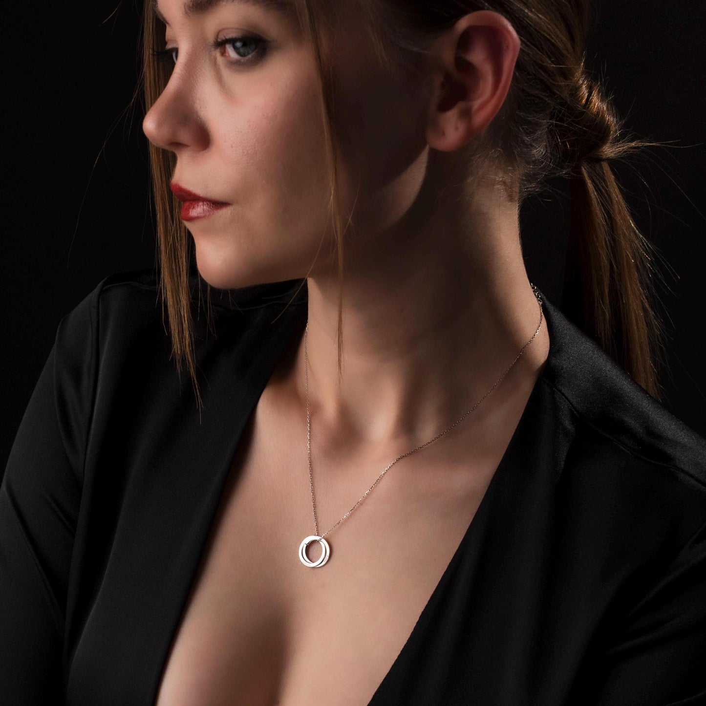 Customized Double Circle Necklace - Engraved Sterling Silver Pendant, Interlocking Rings - Unique Gift Idea