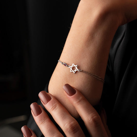 Kabbalah Star of David Bracelet - Custom Birthstone Charm on Adjustable Chain
