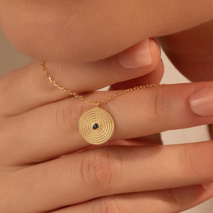 Textured Evil Eye Necklace – Minimal Round Pendant Jewelry, Gift for Her