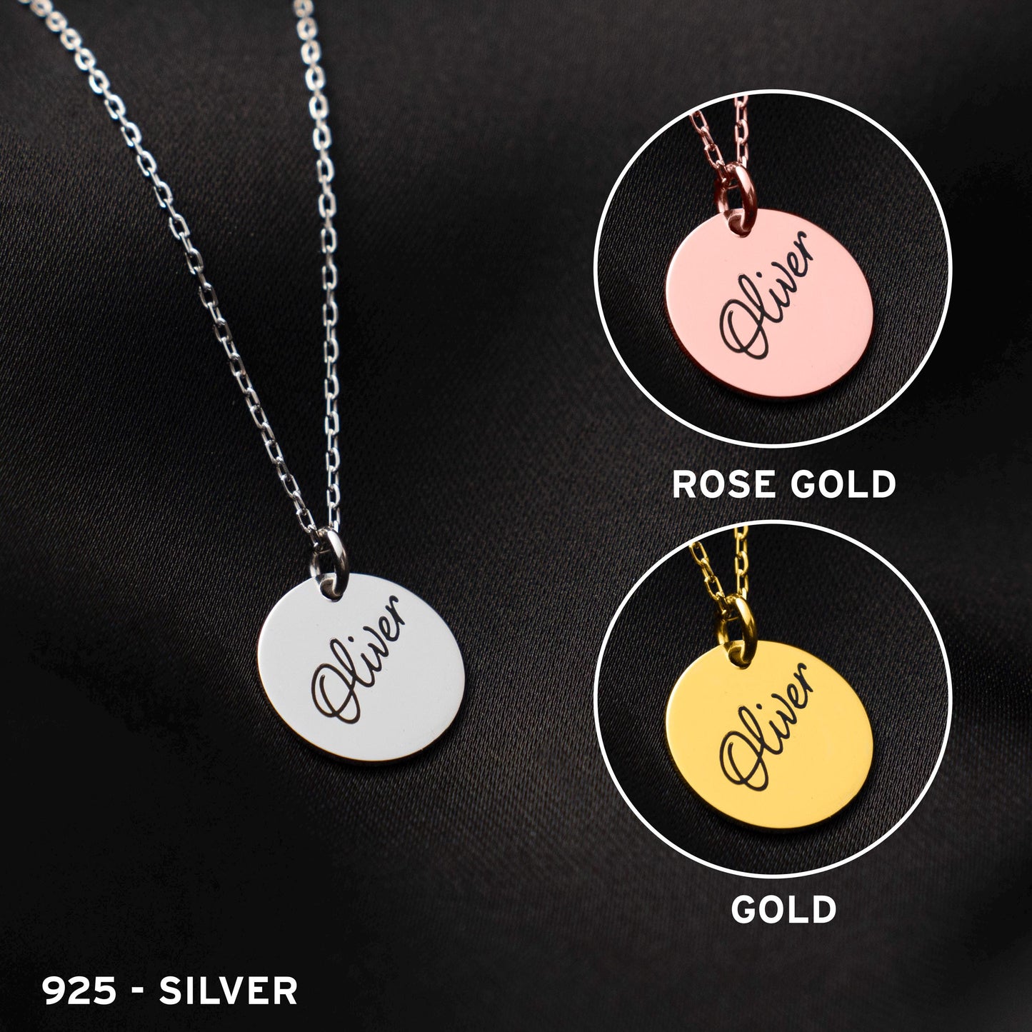 Custom Round Name Necklace, 925 Silver Pendant, Minimalist Jewelry, Personalized Gift for Her