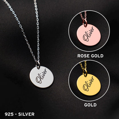 Custom Round Name Necklace, 925 Silver Pendant, Minimalist Jewelry, Personalized Gift for Her