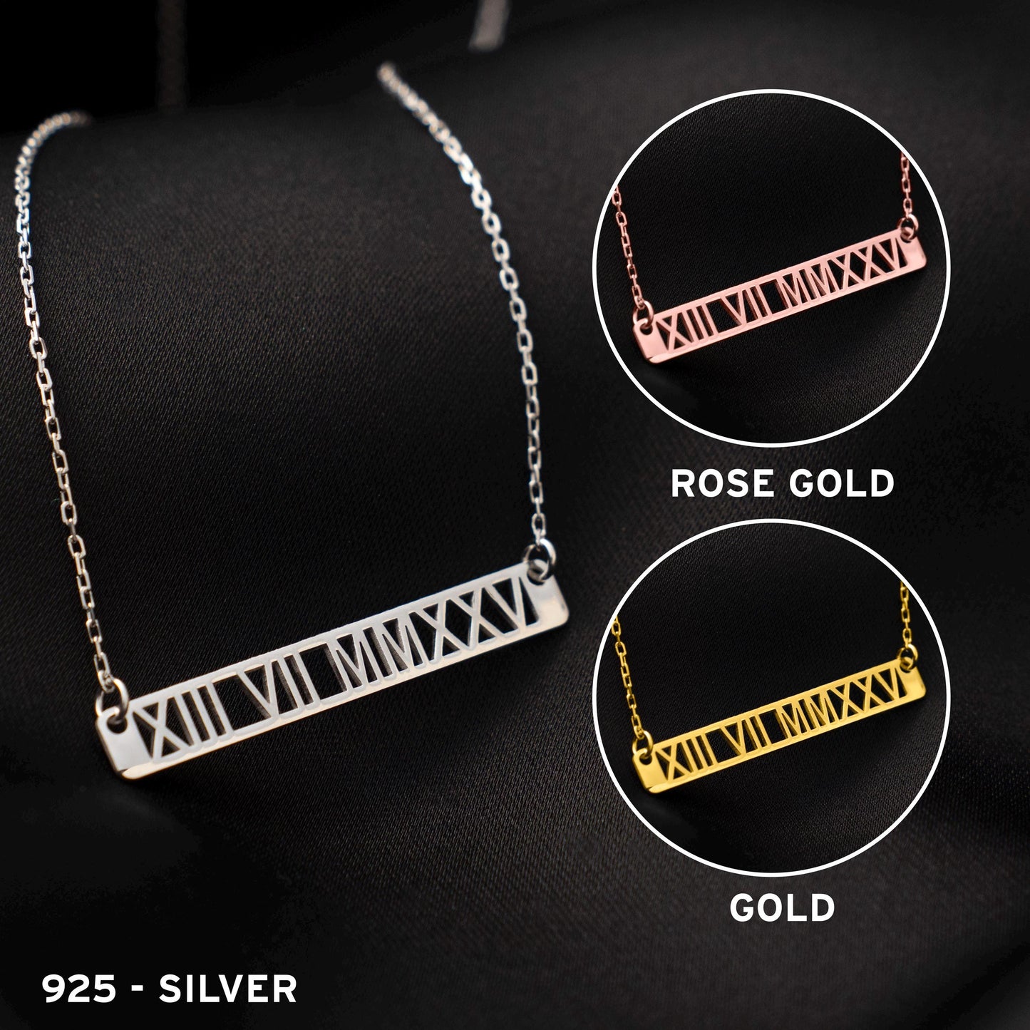 Elegant Roman Numeral Necklace - Custom Date Pendant in Sterling Silver, Unique Gift for Him or Her