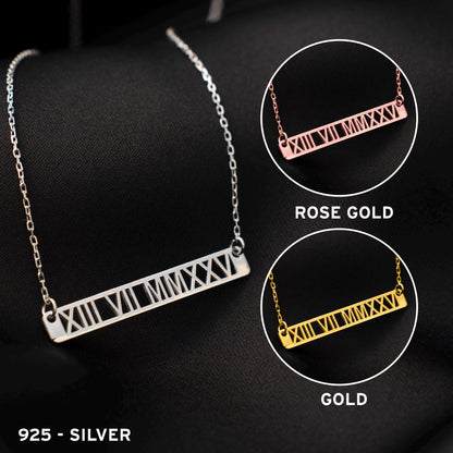 Elegant Roman Numeral Necklace - Custom Date Pendant in Sterling Silver, Unique Gift for Him or Her