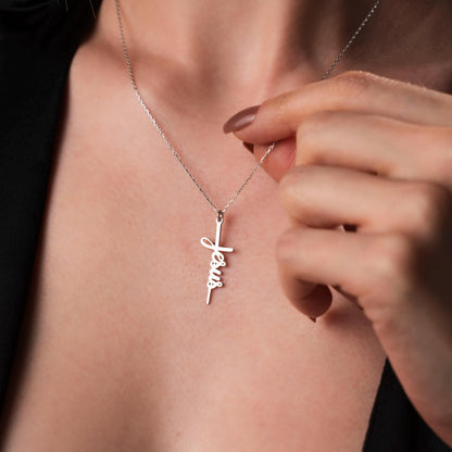 Jesus Name Cross Necklace, Sterling Silver Christian Pendant, Religious Faith Jewelry, Meaningful Christian Gift
