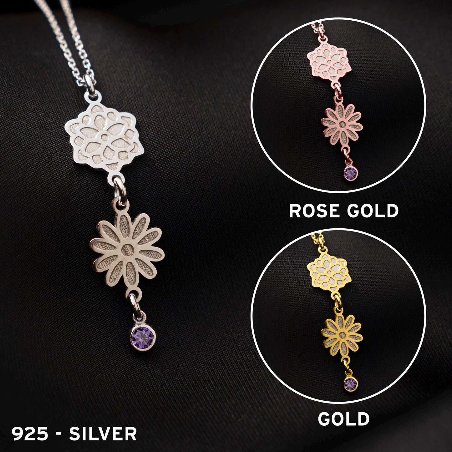 Birth Flower and Birthstone Necklace, Custom Silver Pendant, 925 Jewelry, Personalized Gift for Her