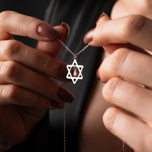 Sterling Silver Star of David Necklace with Birthstone Pendant - Elegant Judaica Jewelry