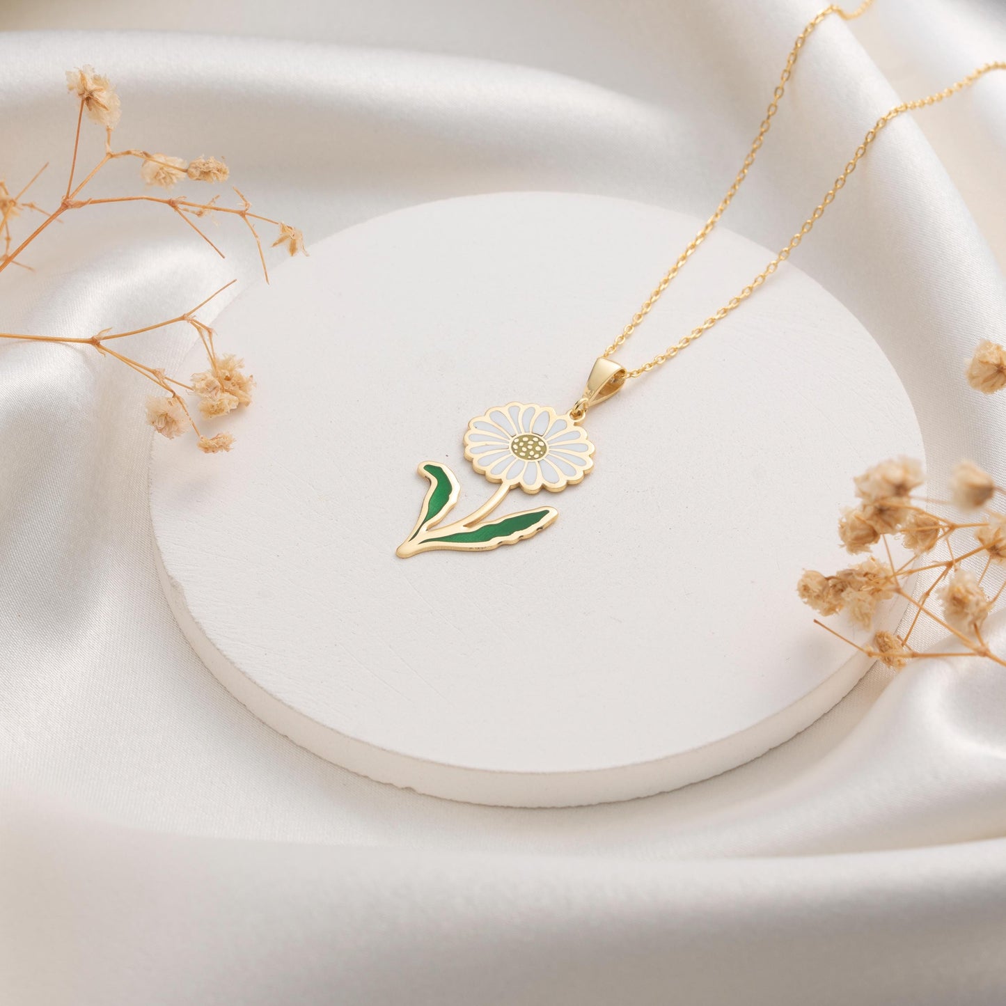 Daisy Necklace - Enamel Flower Pendant, Gold Plated Silver Charm, Floral Jewelry Gift