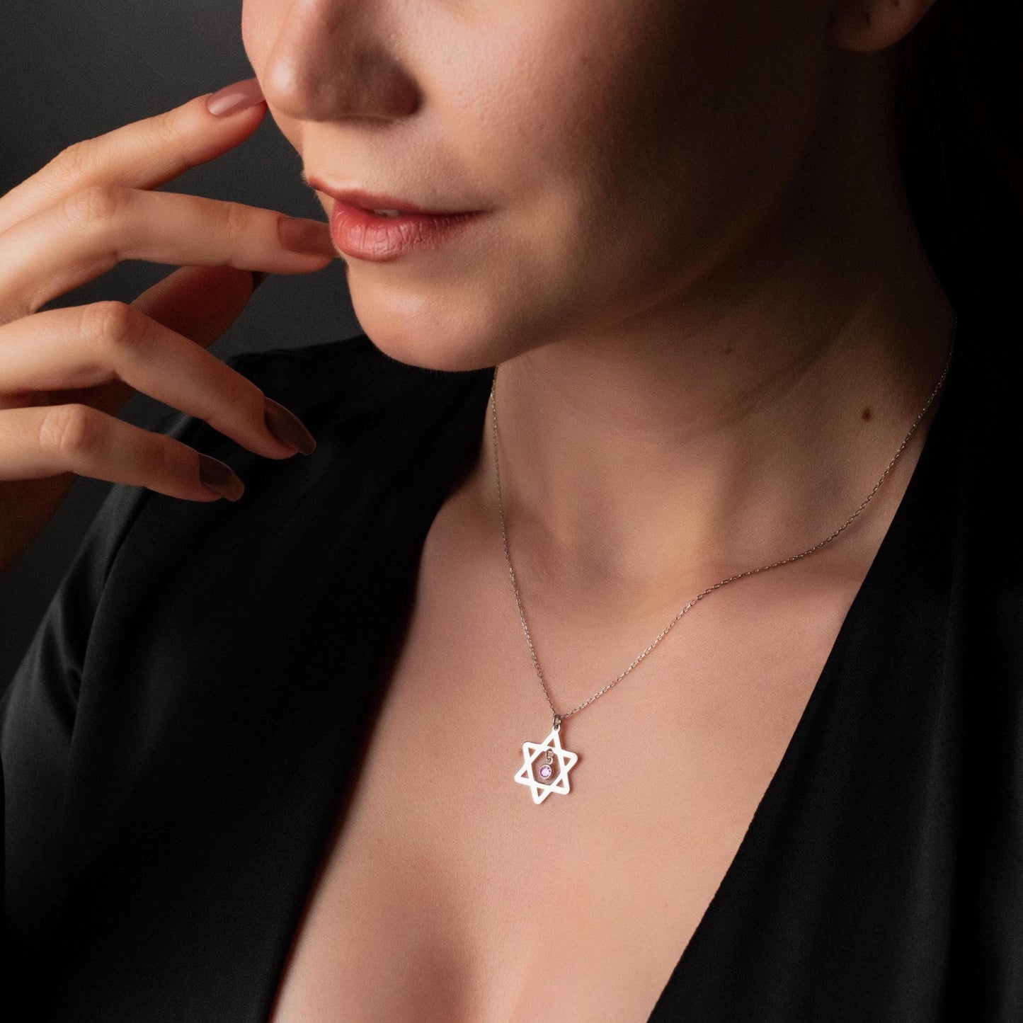 Sterling Silver Star of David Necklace with Birthstone Pendant - Elegant Judaica Jewelry