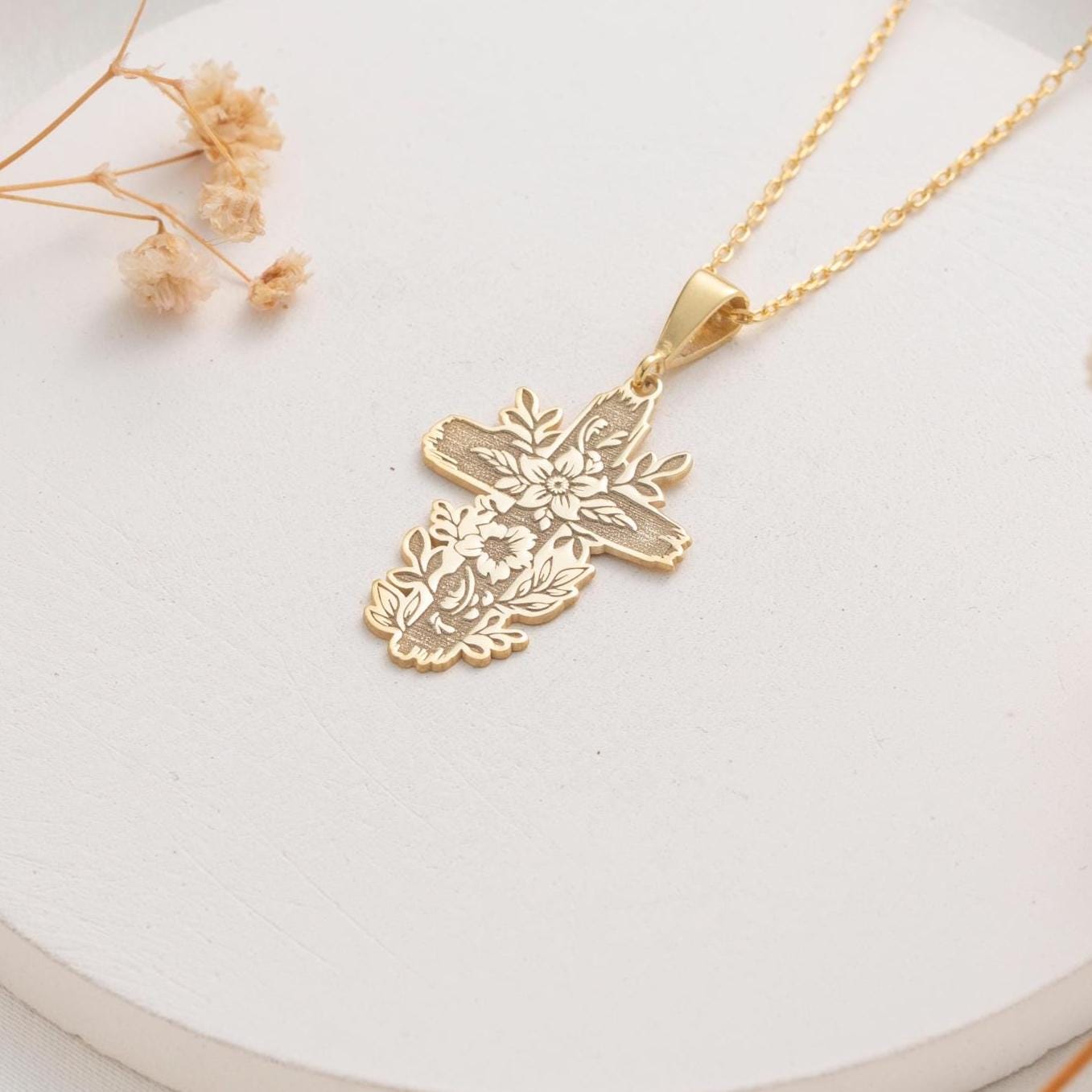 Elegant Gold Floral Cross Necklace - Perfect Christian Gift for Her