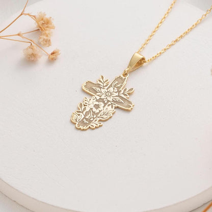 Elegant Gold Floral Cross Necklace - Perfect Christian Gift for Her