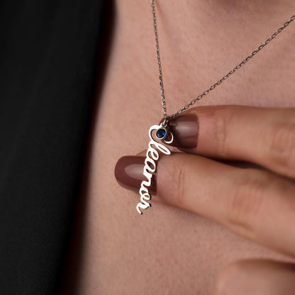 Personalized Vertical Name Necklace with Birthstone - Elegant Silver Custom Pendant