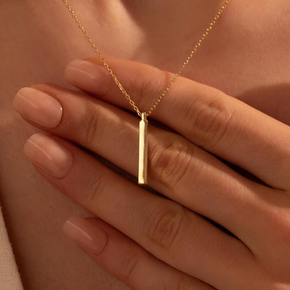 Minimal Vertical Bar Necklace – Custom Engraved Pendant, 18K Gold Plated