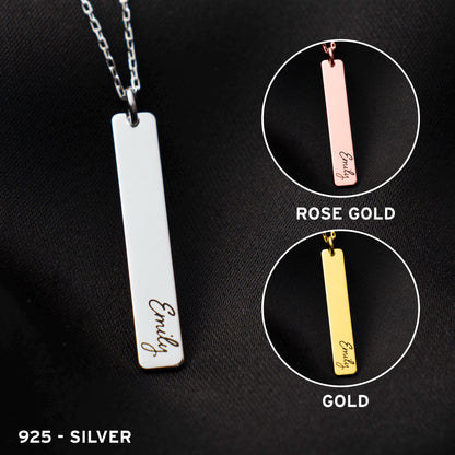 Personalized Bar Necklace, Custom Engraved Pendant, Minimalist Name Jewelry, Sterling Silver Gift for Her