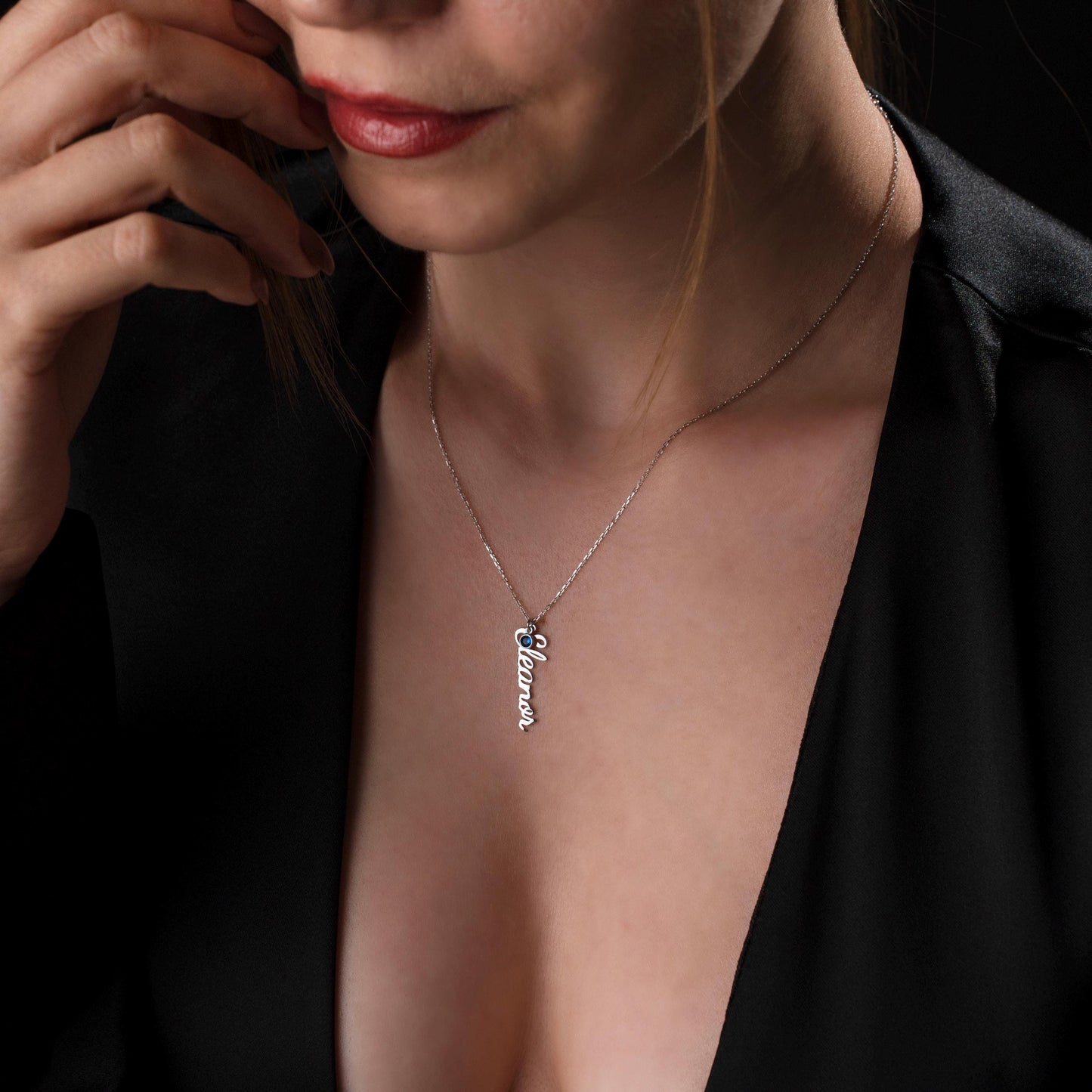 Personalized Vertical Name Necklace with Birthstone - Elegant Silver Custom Pendant