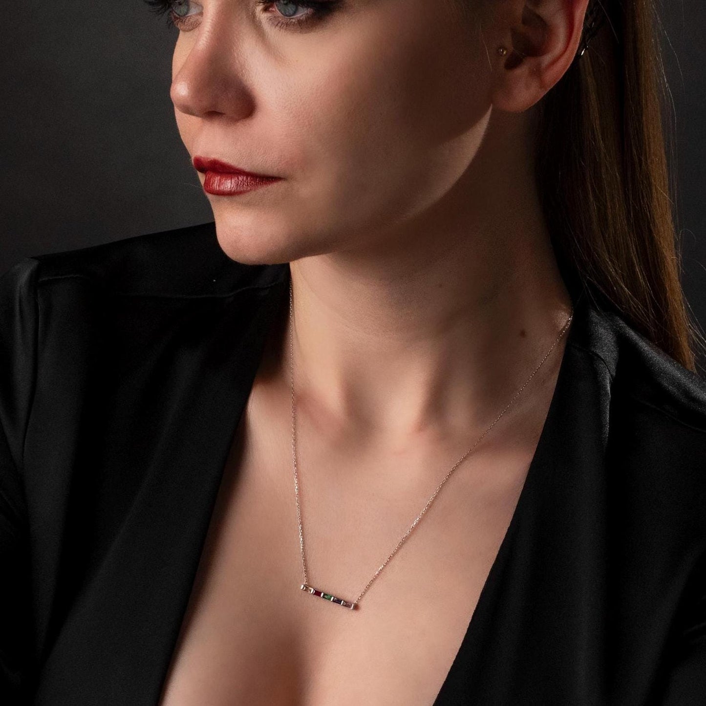 Minimalist Family Necklace with Birthstone Bar - Meaningful Gift Idea