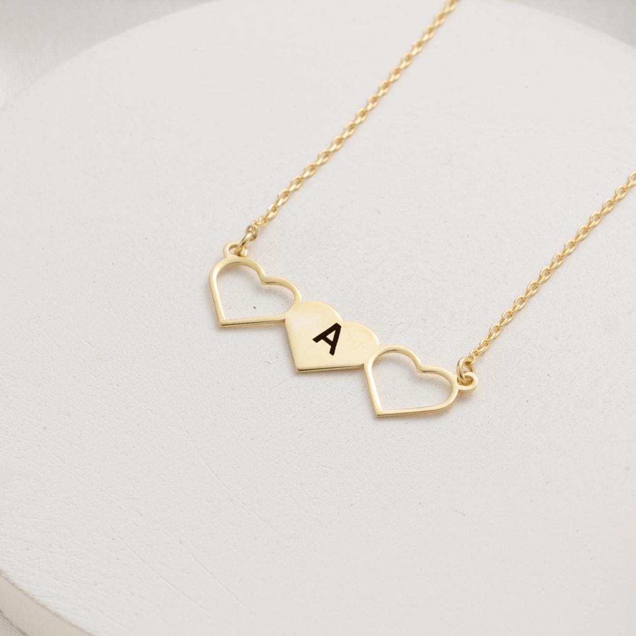 Personalized Heart Initial Necklace – Custom Triple Heart Pendant Gift for Her