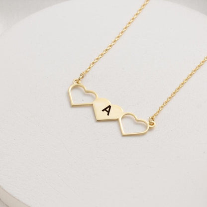Personalized Heart Initial Necklace – Custom Triple Heart Pendant Gift for Her