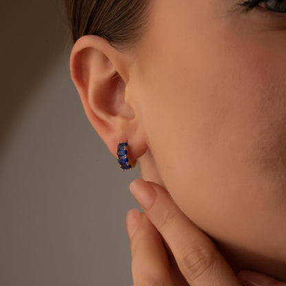 Sparkling Blue Gemstone Huggie Earrings in Gilded Hoops - Perfectly Pretty Gift Idea