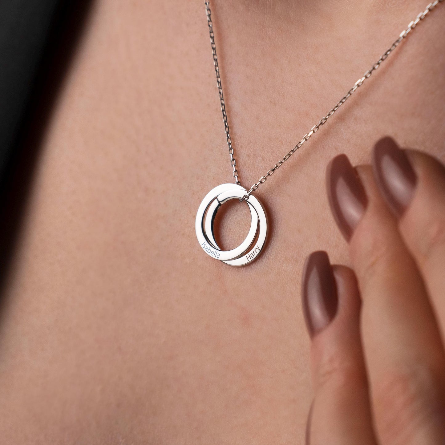 Customized Double Circle Necklace - Engraved Sterling Silver Pendant, Interlocking Rings - Unique Gift Idea